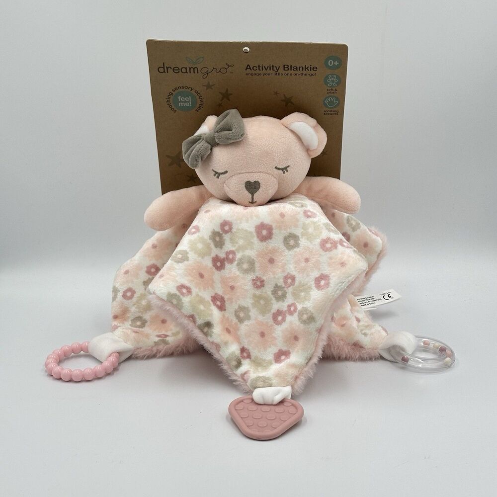 Dreamgro Pink Bear Activity Blankie Lovey Plush Security Blanket Rattle Teether